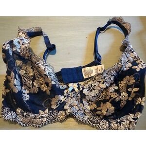 Floral Lace Bra Navy Blue Lined‎ Demi Cup Everyday Comfort 36C